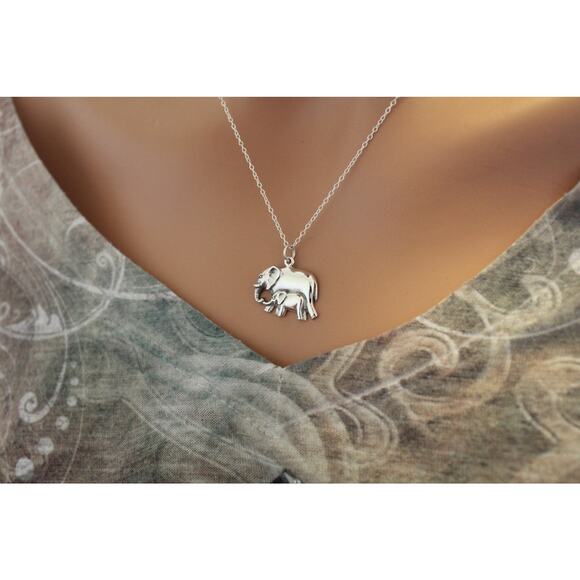 Sterling Silver Mom and Baby Elephant Pendant Necklace - Picture 3 of 3